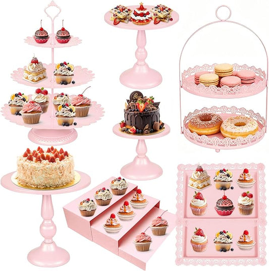 HAISIWLKJ 10 Pcs Pink Cake Stand Set Metal Cupcake Stands, Multiple Styles Dessert Display Tower for Candy Fruit, Cake Serving Trays for Birthday, Wedding, Anniversary, Baby Shower, Engagement Party