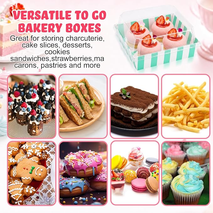 Vesici 200 Pcs 5 Inch Small Charcuterie Boxes with Clear Lids Cake Slice Containers Striped Paper Bakery Boxes Disposable Food Containers for Dessert Cookie Sandwich Mini Cake Strawberry