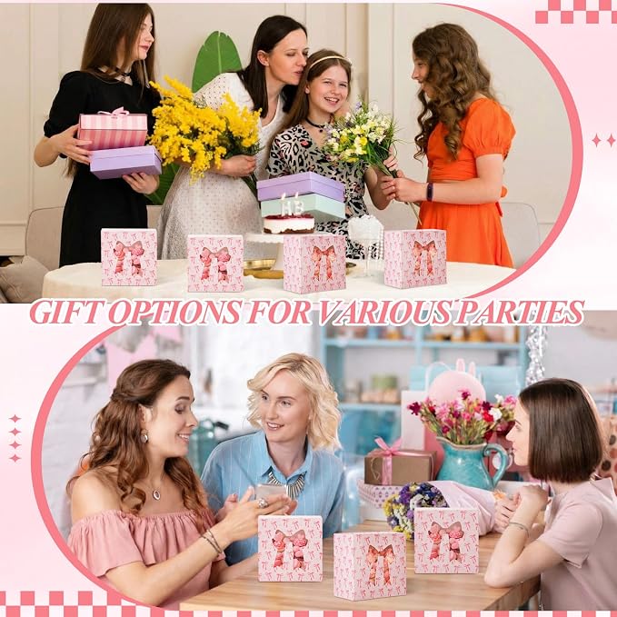 50 Pack Pink White Bow Cookie Boxes with Window 5x5x3 Inch Small Bakery Treat Boxes for Pastry Donuts Macaroon Cupcakes Tea Party Birthday Wedding Bridal Shower Favors