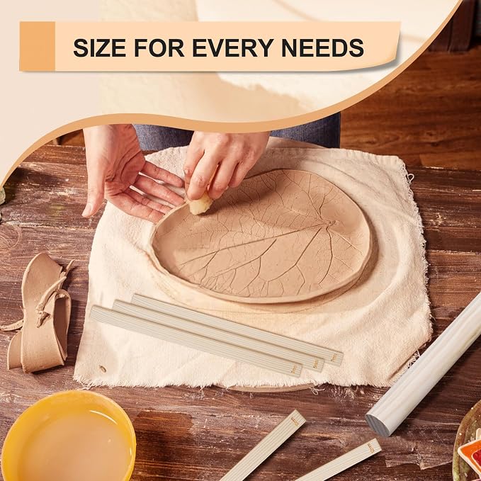 eZAKKA Clay Thickness Guides and Wooden Rolling Pin Set for Pottery, 11 Pcs | Pine Wood Slab Rollers with 5 Thicknesses (0.12-0.47") for Ceramic DIY Crafts, Mud Flattening & Sculpting Tools for Beginners