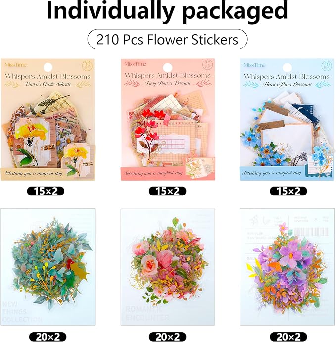 Pengxiaomei 210 Pieces Flower Stickers, Scrapbooking Stickers Self-Adhesive Bible Flower Scrapbooking Supplies Journal for DIY Craft, Planners, Journal, Notebook Card