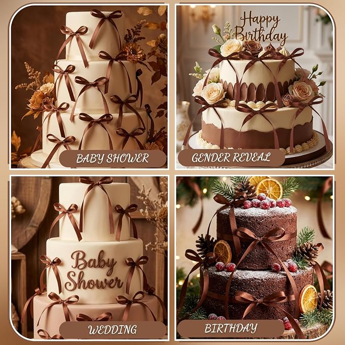 30 Pack Brown Bow Cake Toppers Ribbon Bows for Cake Bow Cupcake Toppers for Love is Brewing Bridal Shower, A Baby is Brewing Baby Shower, Wedding, Engagement, Birthday Party Decorations