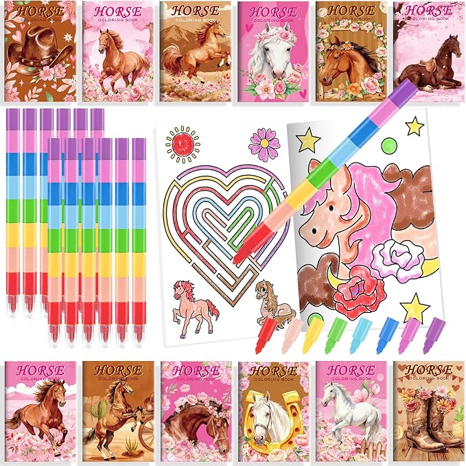 BenLouis 24 Horse Floral Mini Coloring Books Kids with 24 Stacking Crayons Cowgirl Party Party Favors Activity Books Bulk for Kids Girls Horse Racing Flower Goodie Bag Gift Stuffer Classroom Reward