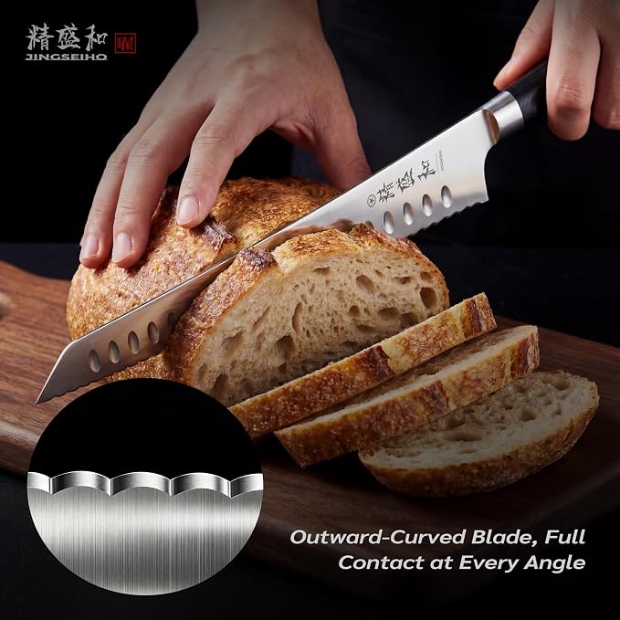 Bread Knife for Homemade Bread, Serrated Blade 8 in with Cover and Offset Handle, Outward-Curved Edge for Clean Even Slices, Slicer Cuts Sourdough, Bagels, Ham, Pineapple, Ideal Gift