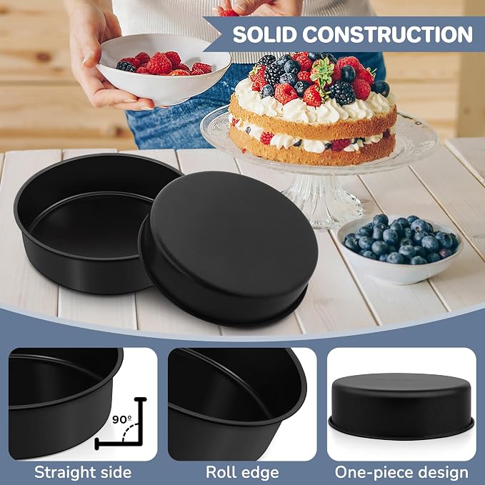 E-far 8x2 Inch Cake Pan Set of 2, Nonstick Round Cake Pans Tins for Baking Birthday Wedding Layer Smash Cakes, Stainless Steel Core & Nontoxic Coating, Straight Side(Black)