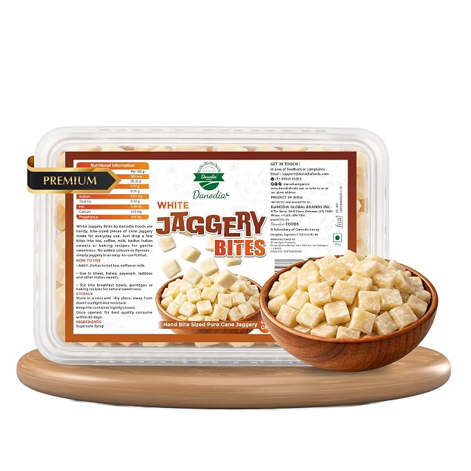 Danodia Foods Organic White Jaggery Bites, Cane Gur Sweetener, 1 lb Pack | Jaggery gur sweetener for chai, coffee, baking, desserts and recipes; Gluten-Free, No Additives, Vegan; everyday recipes