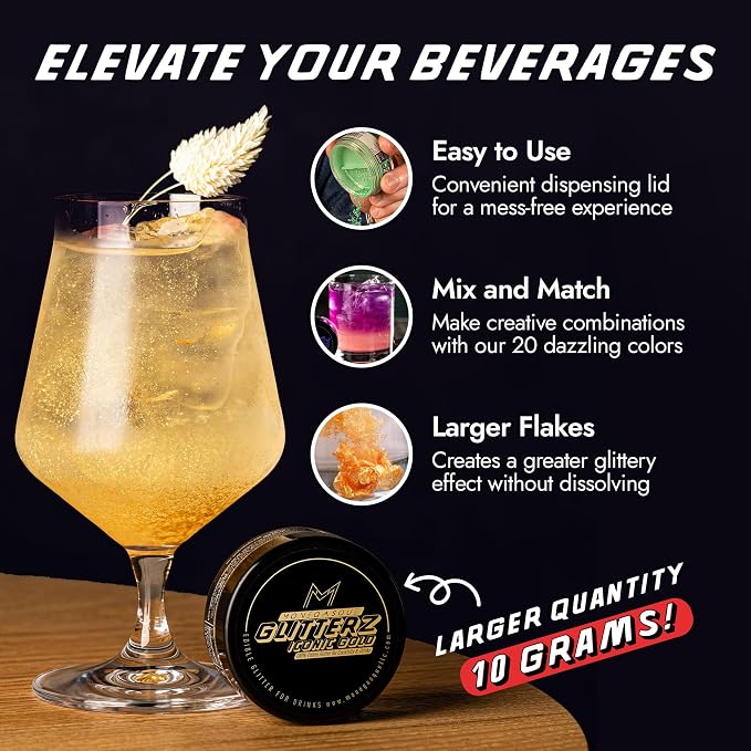 MONÉGASQUE Iconic Gold Edible Glitter for Drinks 10g – Edible Glitter for Cakes & Cocktails – Gold Sprinkles Spray for Food, Cupcake, & Cake Decorations – Cocktail Sparkles & Drink Shimmer Powder
