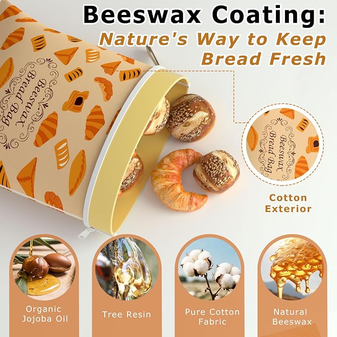 2 Pack Reusable Cotton Sourdough Beeswax Bread Bags with Wide Zipper, Brown | XL(13.3x16.9in) Portable Bread Storage with Handle, Washable, Keep Fresh, Fit Homemade Sourdough Bread, Ideal for Gift-Giving