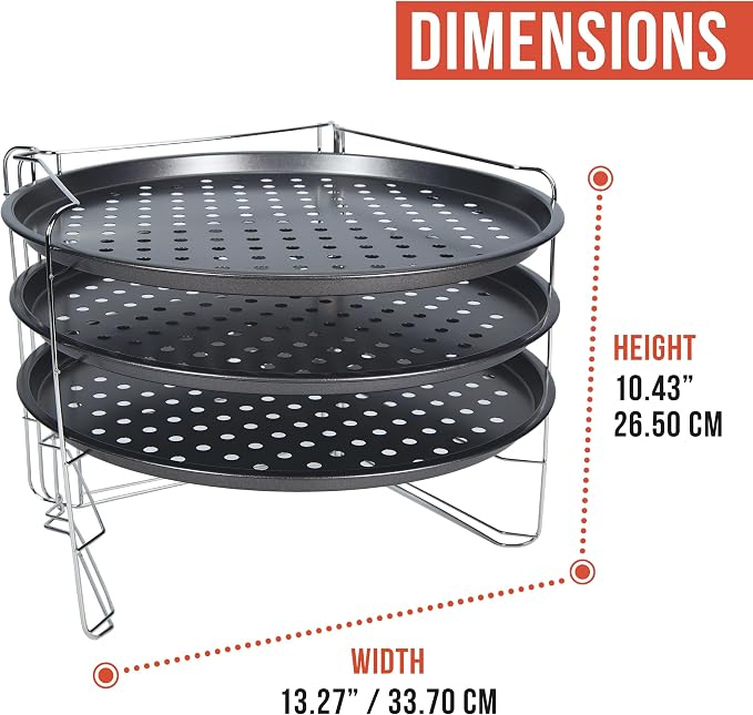 Chef Pomodoro Pizza Pan and Pizza Rack Baking Set (13-Inch Pans), Non-stick Perforated Trays for Oven or Grill, Foldable Rack Stand Accessories and Supplies for Countertop, Cooling, & Baking
