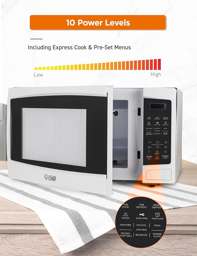 Commercial Chef 1.1 Cu. Ft. Countertop Microwave Oven, Touch Controls with Digital LED Display, 1000W Small Microwave with 12.4” Turntable Plate, Push Button Door, 10 Power Levels, CHM11MW, White