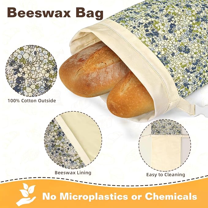 2 Pack Beeswax Bread Bags for Sourdough Homemade Bread, XL Reusable Bread Storage Bag, Organic Waxed Line and Linen Fabric Bread Bag for Home Bakers, Picnics Work or Gift-Giving