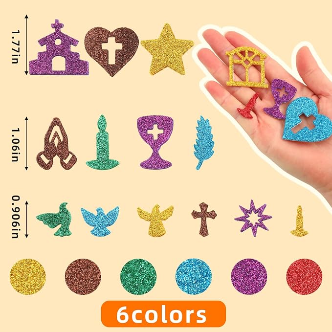 600Pcs Christian Glitter Foam Stickers Adhesive Bible Stickers | Religious Jesus Cross Decals for Kids, Sunday School Classroom Projects Activity, DIY Crafts Art, Party Favors Decorations