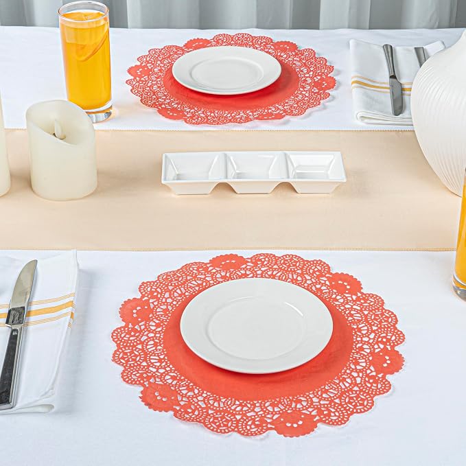 Restaurantware Pastry Tek 12 x 12 Inch Lace Doilies 100 Decorative Tableware Placemats - Disposable Round Red Paper Table Doilies For Birthdays Or Weddings Table Decor