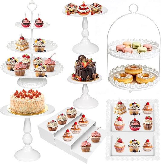 10 Pcs White Cake Stand Set Metal Cupcake Stands, Multiple Styles Dessert Display Tower for Candy Fruit, Cake Serving Trays for Birthday, Wedding, Anniversary, Baby Shower, Engagement Party