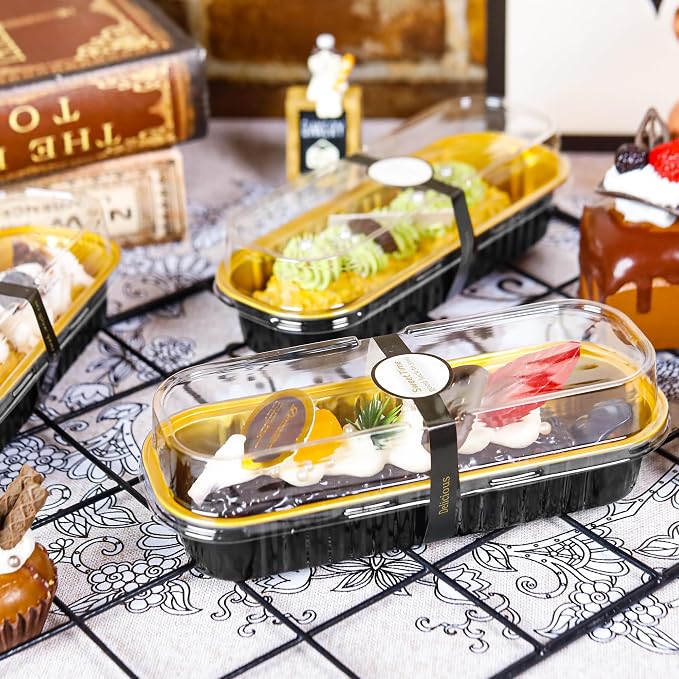 Loaf Pans with Lids, 100 Pack Black Gold 6.8oz for Catering | Fits small cakes, chocolate bites, fruit cups and chilled desserts; paired extras make serving details easier to finish.