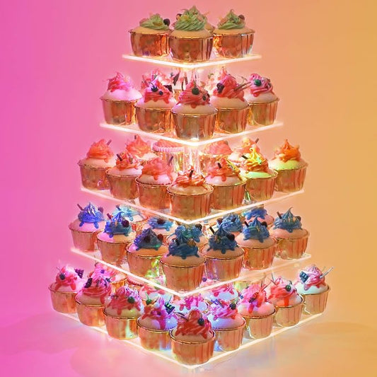 YestBuy Cupcake Stand – 5 Tier Premium Cupcake Holder – Acrylic Cupcake Tower Display – Cady Bar Party Décor – Acrylic Display for Pastry + LED Light String – Ideal for Weddings, Birthday (Colorful)