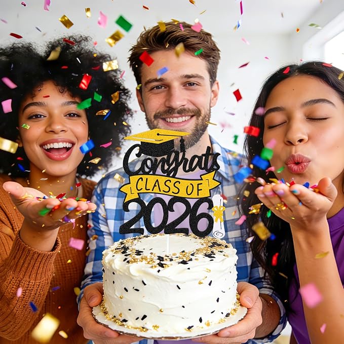 Congrats Class of 2026 Cake Topper Congrats Grad Cap Diploma Theme for High School Happy Graduation Party Supplies College Graduate Decoration (Gold)