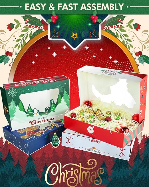 qiqee Christmas Cookie Box with Window 12x8x2.5 inch 12Packs Auto-pop up Two Uses One Second Folding Pastry Biscuit Bakery Box For Packaging