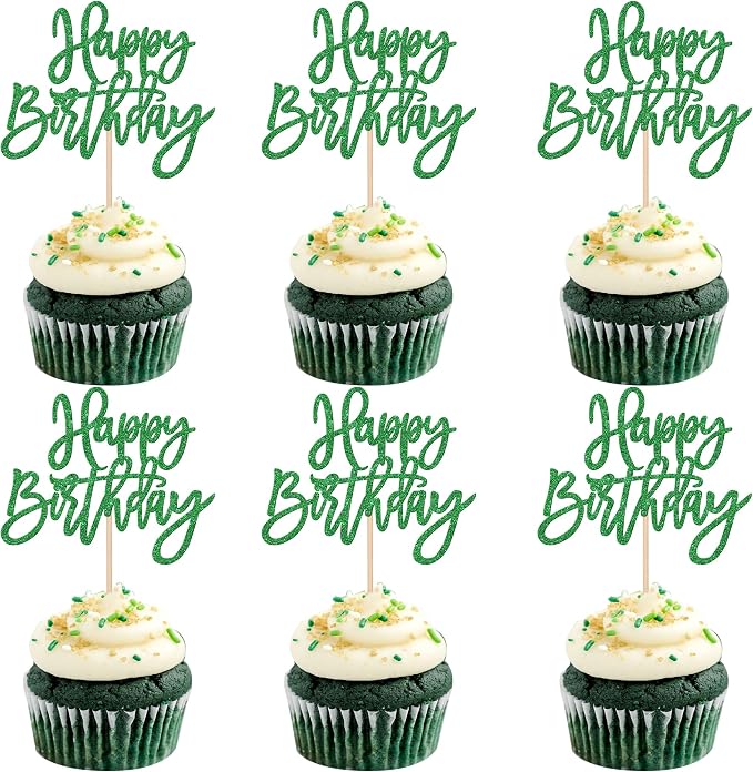 24 PCS Happy Birthday Cupcake Toppers Glitter Happy Birthday Cupcake Picks for Celebrating Anniversary Theme Party Cake Decorations Supplies Green