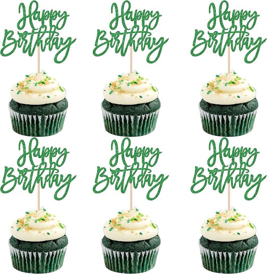 24 PCS Happy Birthday Cupcake Toppers Glitter Happy Birthday Cupcake Picks for Celebrating Anniversary Theme Party Cake Decorations Supplies Green