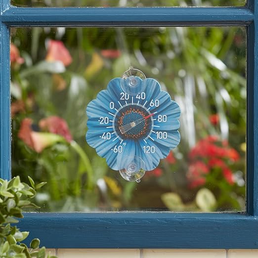 Taylor Daisy Dial Thermometer, 4-Inch Indoor Outdoor Silicone Suction Cup Thermometer, Weather-Resistant Temperature Gauge for Patio, Pool, Garden, or Garage, Blue