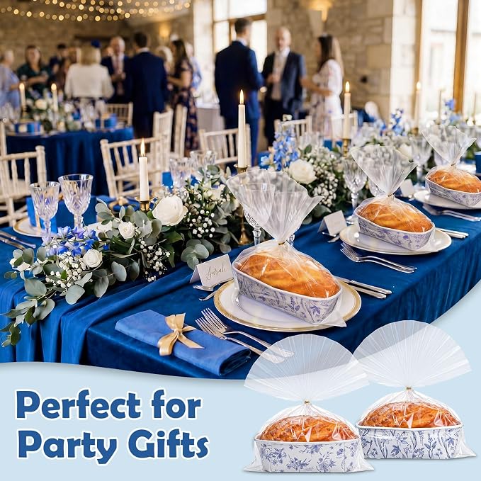 Hushee 50 Sets Blue Floral Paper Loaf Pans with Bags, 6.3x2.2x2.2" Disposable Mini Bread Baking Molds Kit Vintage Blue White Flower Cake Liners for Wedding Favors Bridal Shower Birthday Gifts