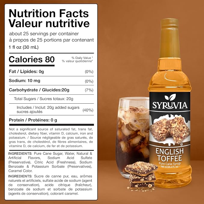 Syruvia Coffee Syrup, English Toffee Flavored Syrup for Drinks, Lattes, and Desserts – 25.4 fl oz - with Pump