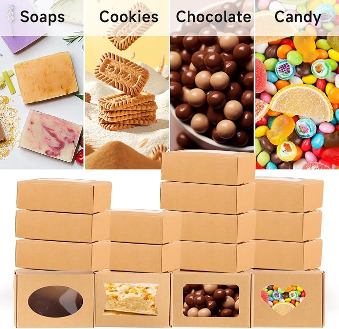 RYKOMO 60 PCS Soap Boxes for Homemade Soap 3.55 X 2.4 X 1.2 Inch Small Soap Packaging Boxes Kraft Soap Box with Window Mini Soaps Gift Boxe for Homemade Bakery Candy Cookies Packaging