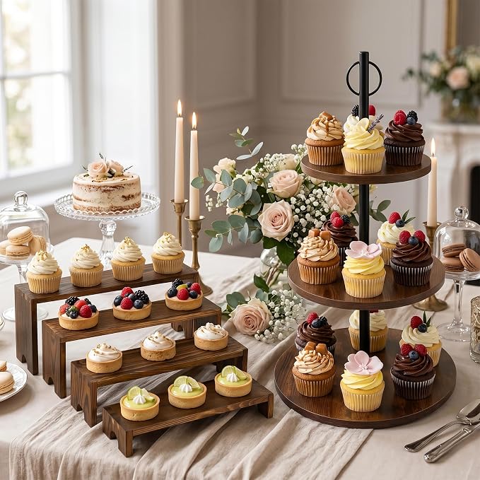 Wooden Cupcake Stand Set of 2, 3 Tier Rotating Dessert Tower & 4 Tier Stackable Cupcake Stand, Rustic Cake Display Rack for Wedding Birthday Baby Shower Graduation Christmas Halloween Party