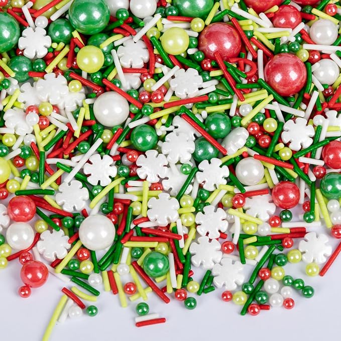 Twisweet Christmas Sprinkles, Red Green White Pearls for Cake Decorating, Edible Snow Flower Sugar Sprinkles for Baking, Candy Pearls Jimmies Mix, Cake Topper Ice Cream Cupcake Cookie Toppings Dessert Decorations, Christmas Winter Party Supplies (130g/...