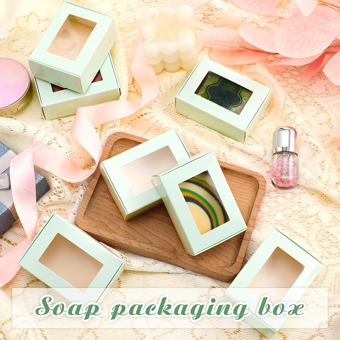 Zonon 30 Pcs Soap Boxes for Homemade Packaging, Mini Kraft Boxes with Window for Bakery Candy Soap Making Gift Packaging, 3.7x2.6x1.4 Inch (Light Green)