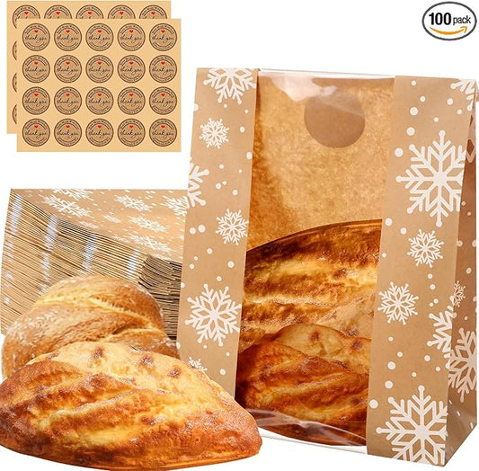 Feifeiya 100 Pack Kraft Paper Bread Bags for Homemade Sourdough Bread with Window & Stickers, 13.7x8.3 Large Bakery Bags for Loaves Greaseproof Food Packaging for Baking Gifts, Brown(Snowflake)