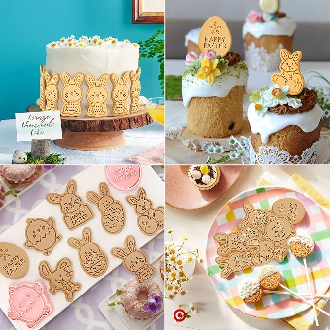 Easter Cookie Cutters Set, 8 Pcs Cookie Cutter with Plunger Stamps, 3D Cookie Stamps for Easter Biscuit Snacks Cheese Baking