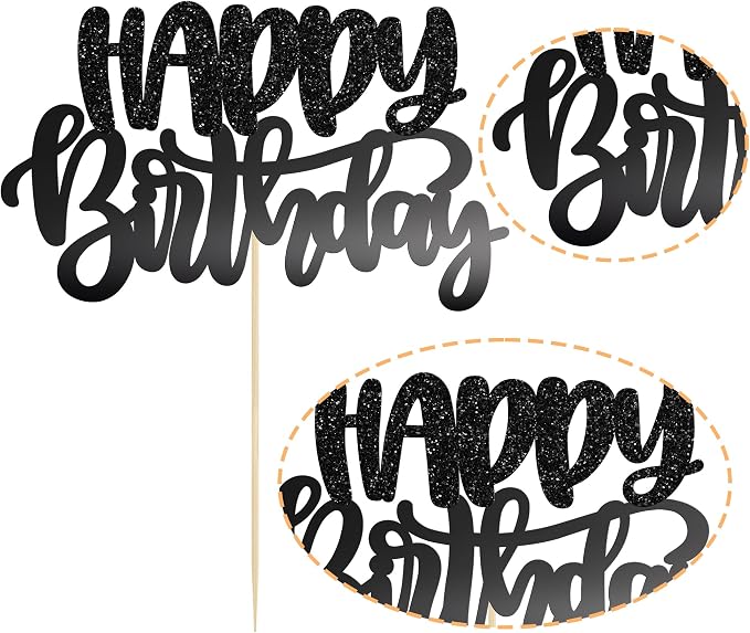 Gyufise 1Pcs Happy Birthday Cake Topper Glitter Cake Pick for Celebrating Anniversary Theme Party Cake Decorations Supplies Black