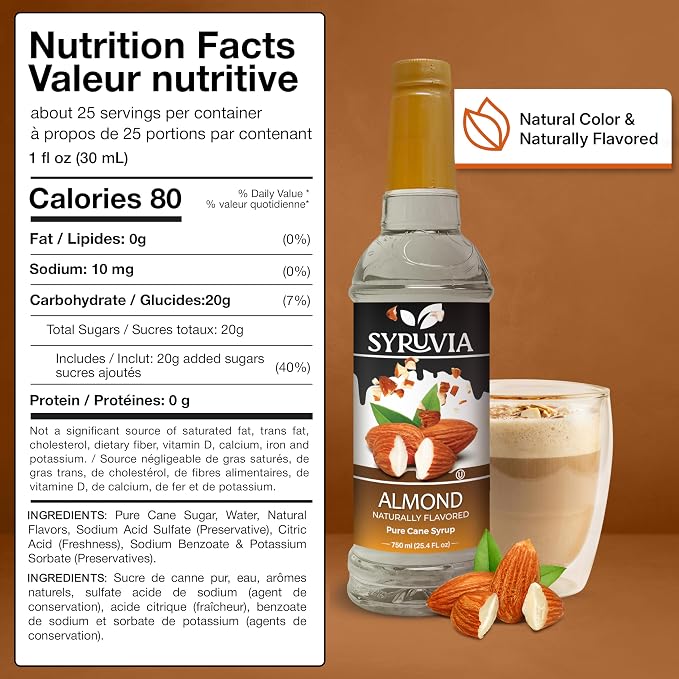 Syruvia Coffee Syrup, Almond Flavored Syrup for Drinks, Lattes, and Desserts, Natural Flavors – 25.4 fl oz - with Pump
