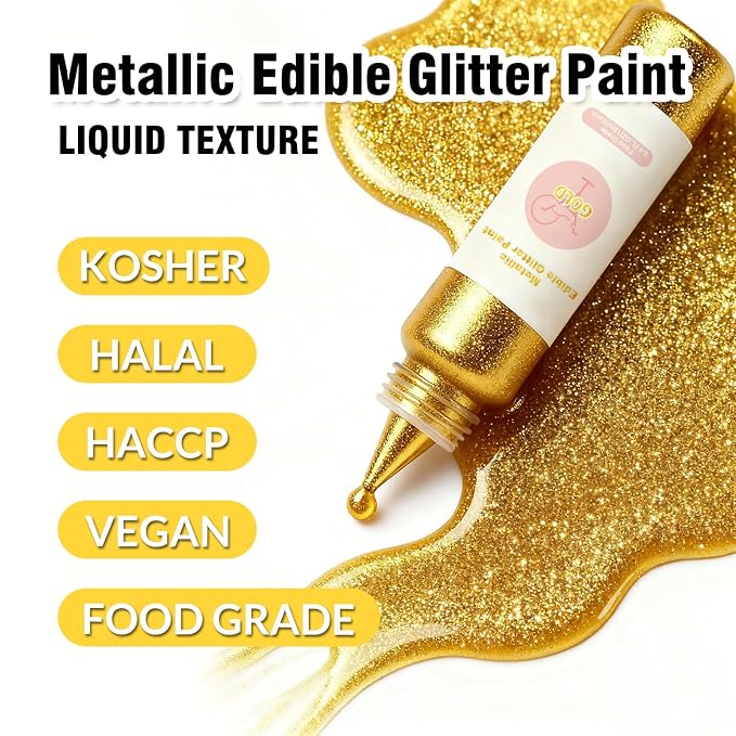 Edible Glitter Paint Set - Metallic Food Coloring Paint for Baking Cake Decorating -Vegan Art Decorative Cake Paint for Cupcakes, Cookies, Fondant, Donuts, Macaron, Candy 12ml/Each Bottle- 2 Gold