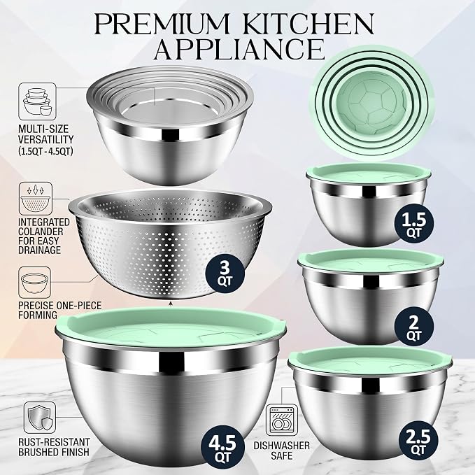 DUTZUN Mixing Bowls with Lids Set, Stainless Steel Mixing Bowl Set with Colander, Strainer with Bowls - Pistachio