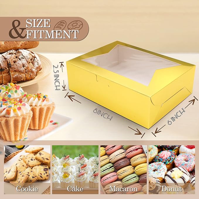 KPOSIYA 65 PCS 8x6x2.5 Inch Cookie Boxes with Window Gold Bakery Boxes Pastry Boxes for Gift Giving, Treat, Dessert, Cupcakes, Chocolate, Strawberries, Donuts, Muffins (5 Style Windows)