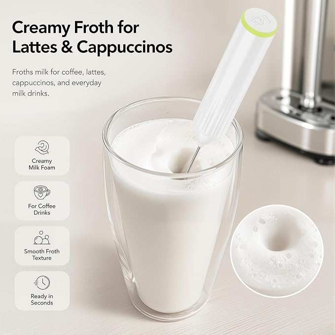 Milk Frother Handheld with 3 Stainless Steel Whisks, Rechargeable Electric Drink Mixer with Stand & Travel Case, Milk Foamer for Coffee, Latte, Cappuccino, Hot Chocolate, Egg,Jam Supplement-White