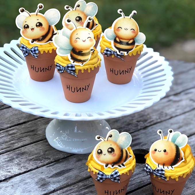 60 PCS Edible Bumble Bee Cupcake Toppers Waper Paper Honey Bee Party Cake Decorations Edible Oh Babee Cupcake Picks for Bee Theme Baby Shower Kids Boys Girls Birthday Party Food Decorations Supplies