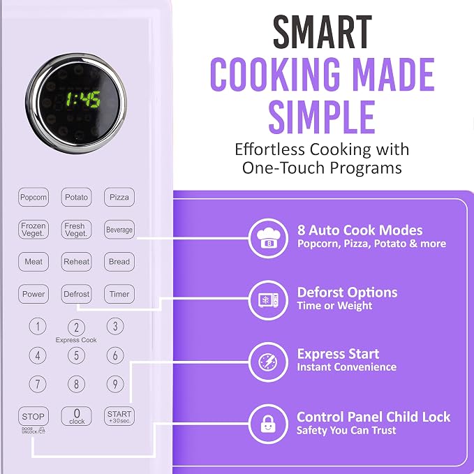 Nostalgia Modern Retro Compact Countertop Microwave Oven - 1.1 Cu. Ft. - 1000-Watts with LED Digital Display - Child Lock - Easy Clean Interior - Lavender