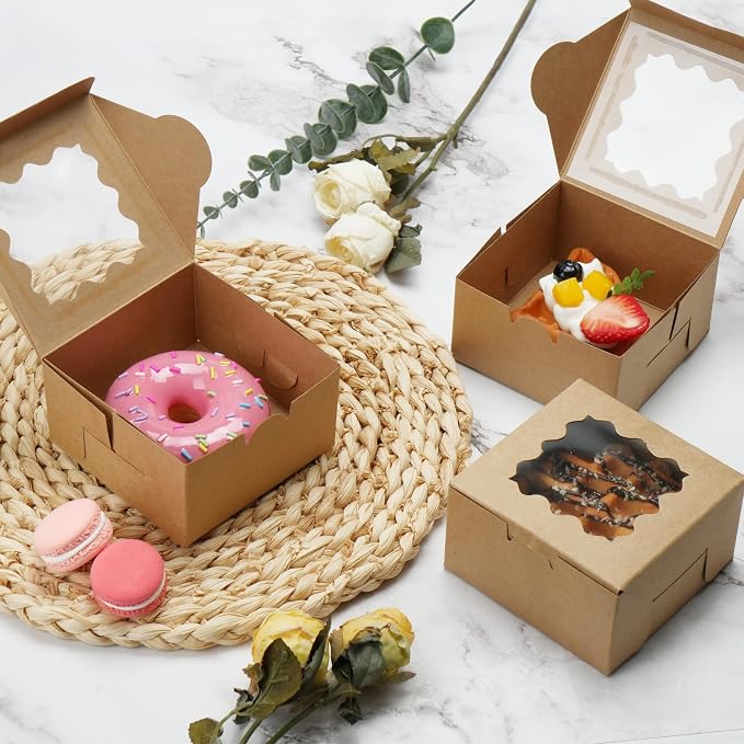 LotFancy 60 Pcs Brown Bakery Boxes with Window, 4x4x2.5 Inches, Small Cookie Boxes, Mini Treat Boxes for Mini Cake, Dessert, Macarons, Chocolates Donuts, Pastries
