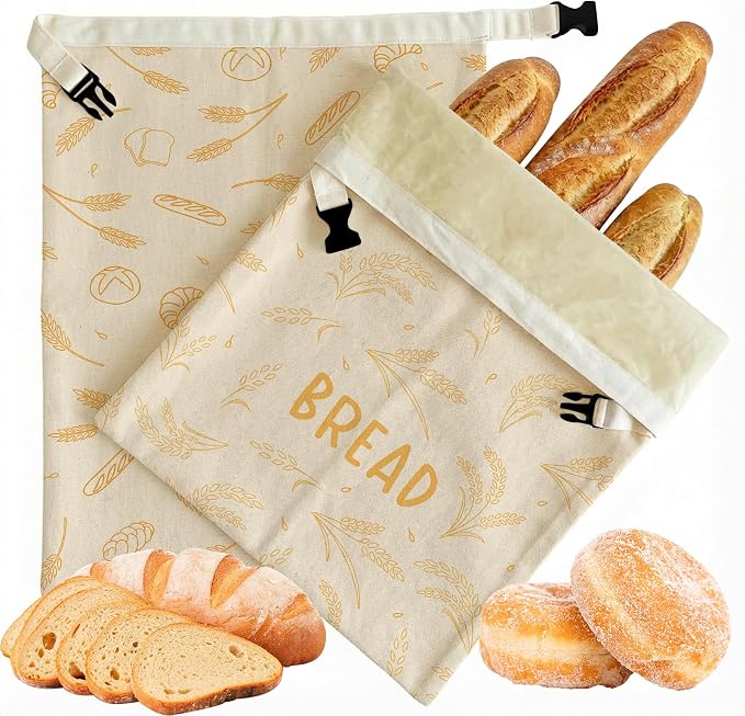 2 Pack Beeswax Bread Bags for Sourdough & Homemade Bread, 17x13 Inch Reusable Linen Beeswax Bread Bag with Buckle to Keeps Bread Freshness for Food Storage(Wheat)