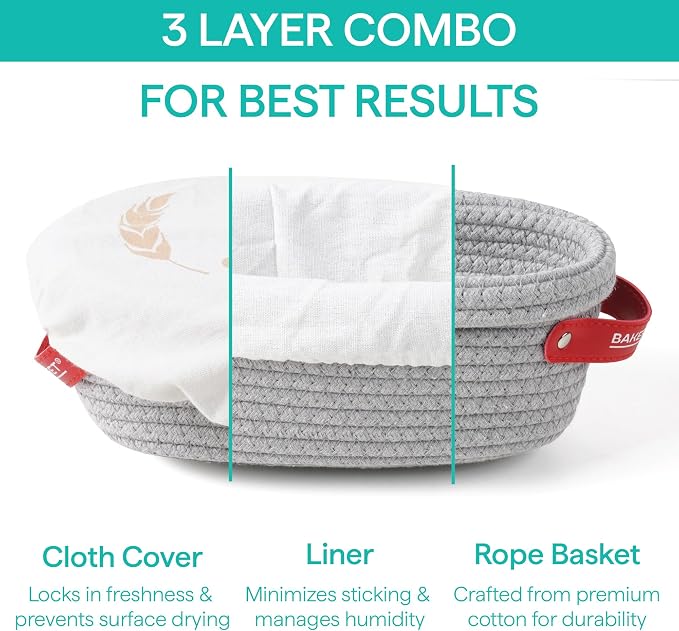 Baker's Secret Cotton Rope Banneton Bread Proofing Basket Set, 2 x Oval Bread Basket with Liners & Covers for Artisan Bread Baking, Sourdough Bread Baking Supplies