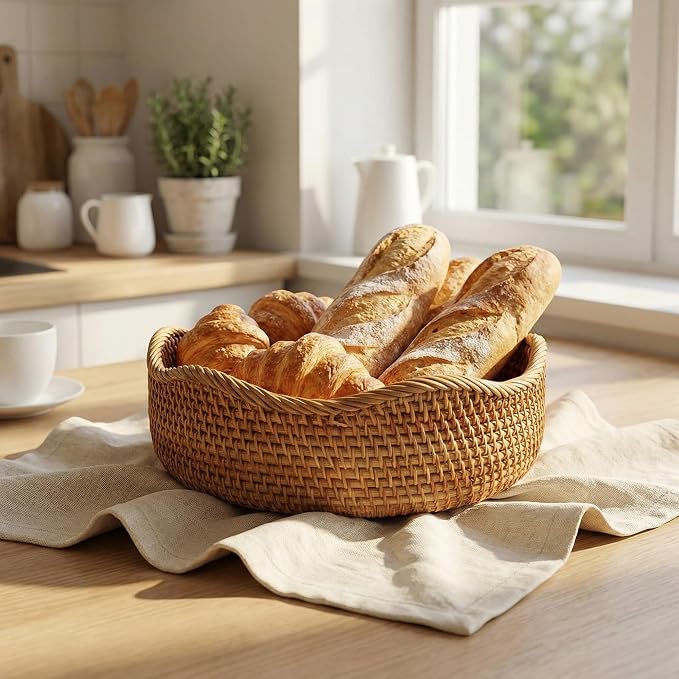 YANGQIHOME Rattan Bread Basket, Round Fruit Baskets, Wicker Storage Bowls, Natural Woven Serving Basket Bowls, Decorative Baskets for Kitchen Counter Organizing