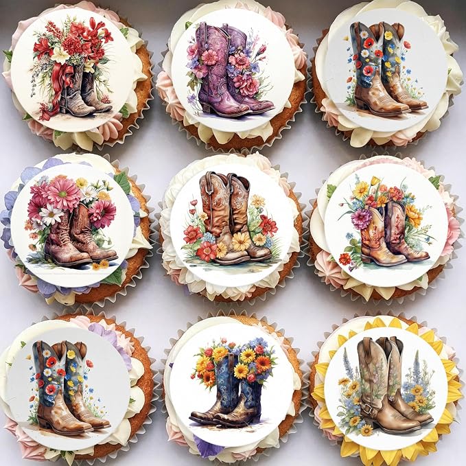 36PCS Edible Floral Horse Boots Cupcake Toppers Wafer Paper Pop-up Derby Horse Racing Cake Picks Edible Rodeo Western Boots Cupcake Toppers for Jockeys Equestrian Theme Supplies