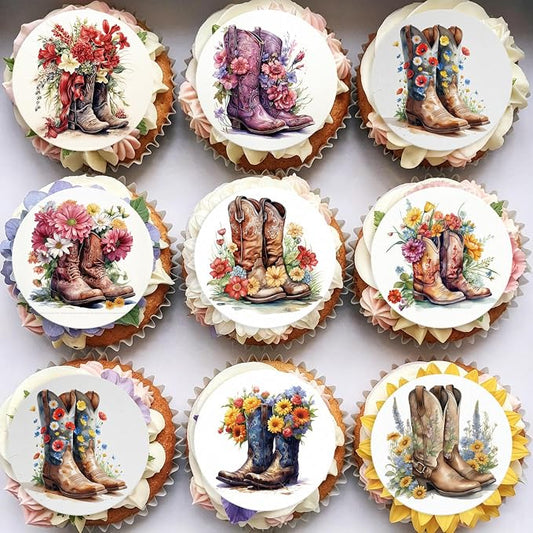 36PCS Edible Floral Horse Boots Cupcake Toppers Wafer Paper Pop-up Derby Horse Racing Cake Picks Edible Rodeo Western Boots Cupcake Toppers for Jockeys Equestrian Theme Supplies