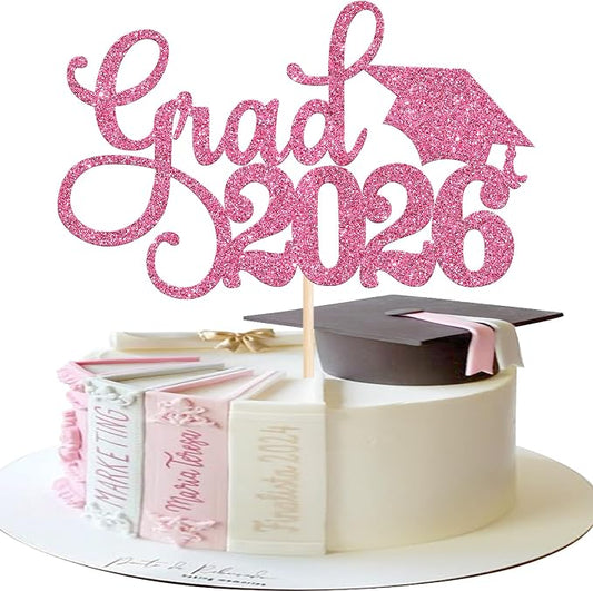 1 Pack Grad 2026 Cake Topper with Glitter Congrats Grad Cap Class of 2026 Cake Pick Decorations for 2026 Graduation Theme School Boys Girls Graduate Party Supplies Pink