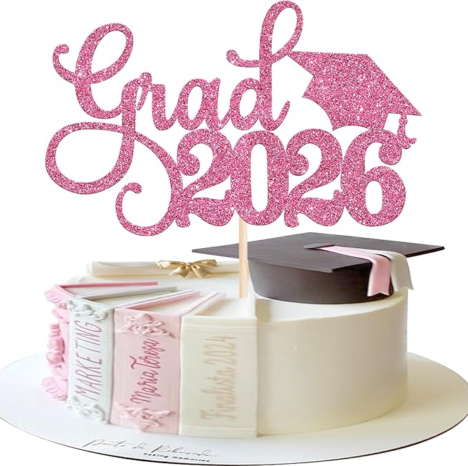 1 Pack Grad 2026 Cake Topper with Glitter Congrats Grad Cap Class of 2026 Cake Pick Decorations for 2026 Graduation Theme School Boys Girls Graduate Party Supplies Pink