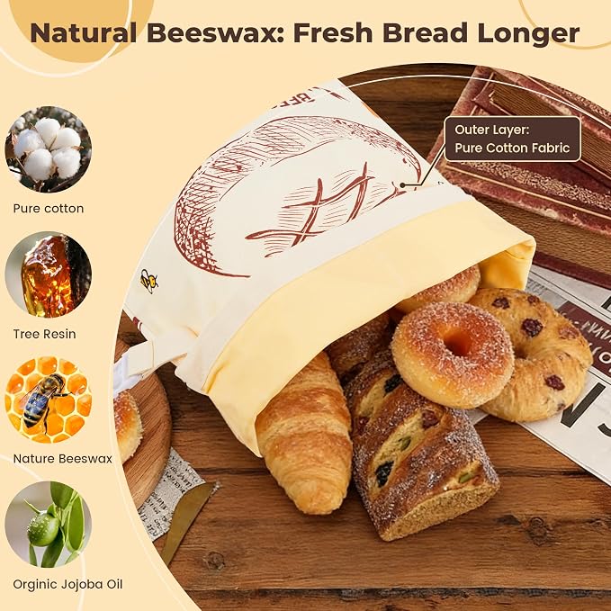 Beeswax Bread Bags for Homemade Bread, 2pcs Reusable Cotton Bread Bags, 17''x13'' Sourdough Storage, Large Reusable Bread Bag, Eco-Friendly Loaf Guard
